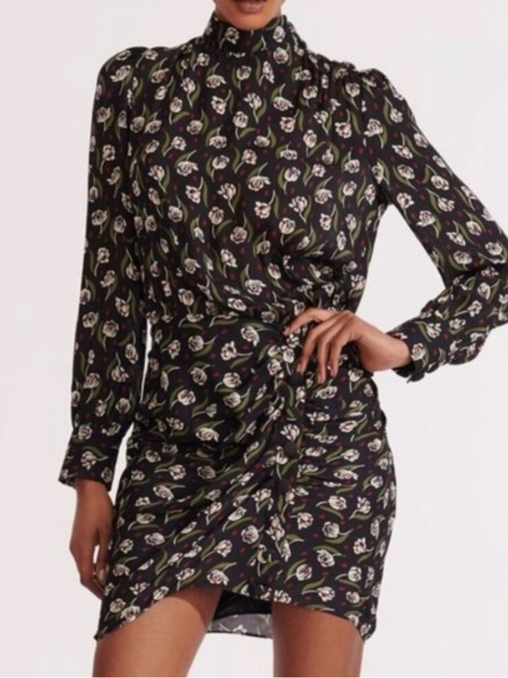 Veronica Beard Black Floral High-Neck Ruched Mini Dress